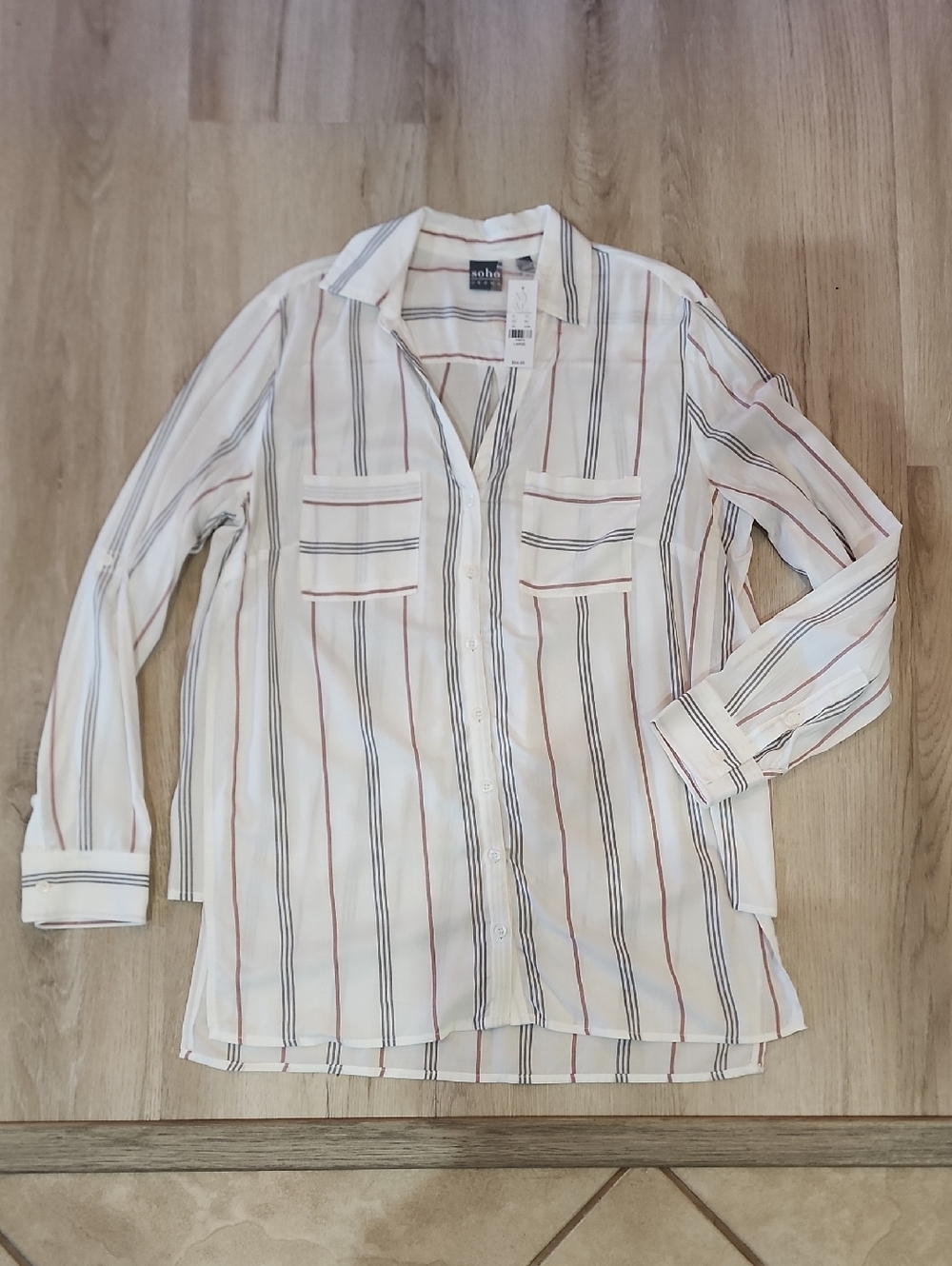 New York & Company White Button-Down Shirt with Blue and Red Stripes